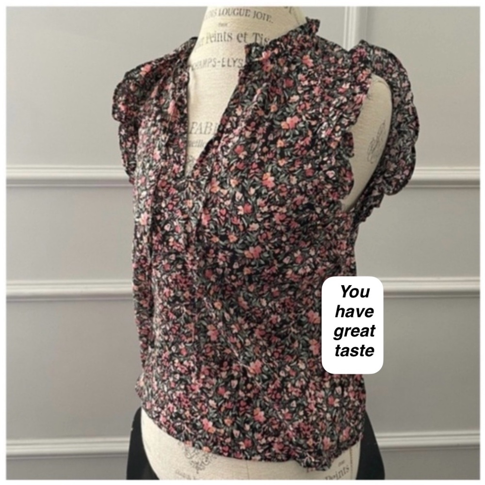 Floral blouse ruffle cap sleeves black pink orange green top shirt